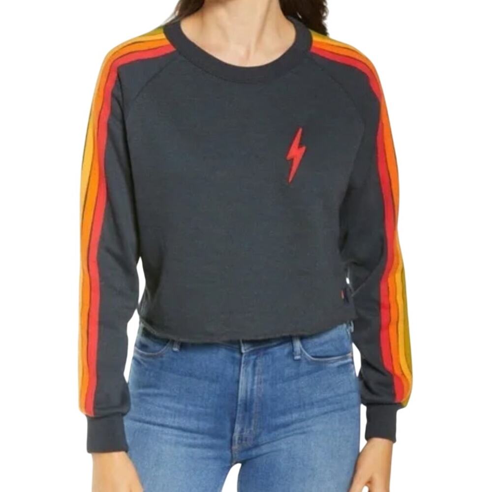 Aviator Nation XS Womens Bolt Crop Sweatshirt Dark Grey Red Rainbow